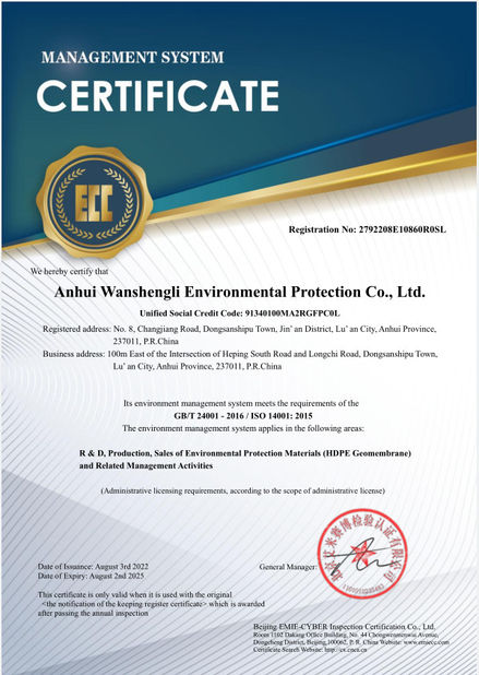 Chine Anhui Wanshengli Environmental Protection Co., Ltd certifications